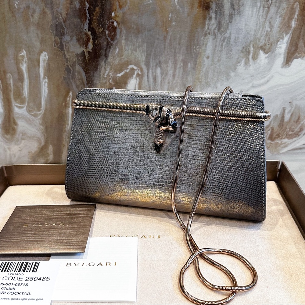Bvlgari Serpenti "Tubogas" Stingray Lizard Metallic Chain Clutch. NEW WITH BOX - Picture 4 of 15